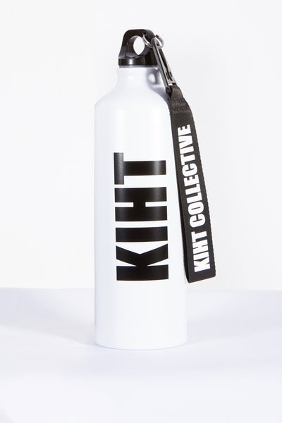 KIHT Collective white coloured water bottle showing black print detail logo and twist off lid with strap  