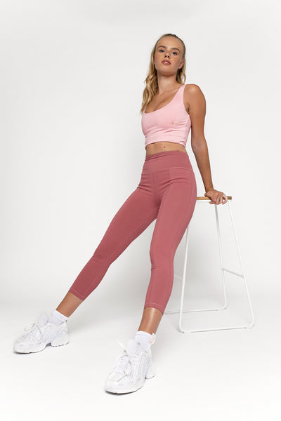 High waisted smoothie pink gym leggings, wide supportive waistband. Detailing seams down the front and back of the legs, compressive flattering fit. ⅞ leg length  