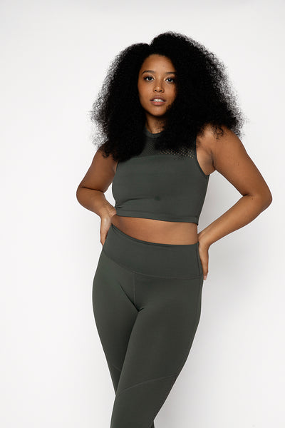 Jungle Khaki high neck supportive gym crop top with punched panel detail on the front and back. Double lined at the front for support and super fitted, cropped length