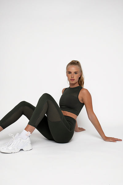 Jungle Khaki high neck supportive gym crop top with punched panel detail on the front and back. Double lined at the front for support and super fitted, cropped length